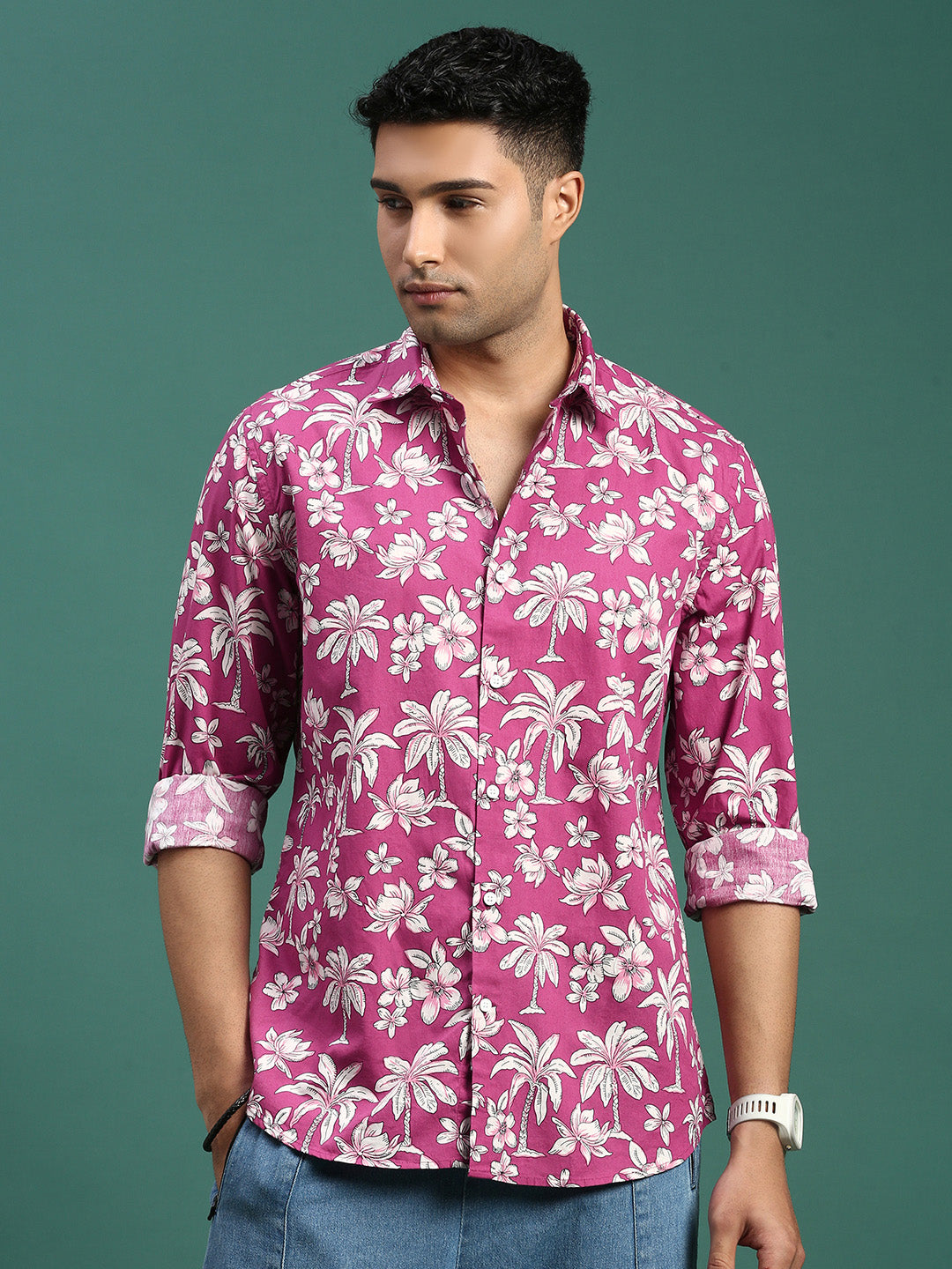 Men Floral Pink Slim Fit Shirt