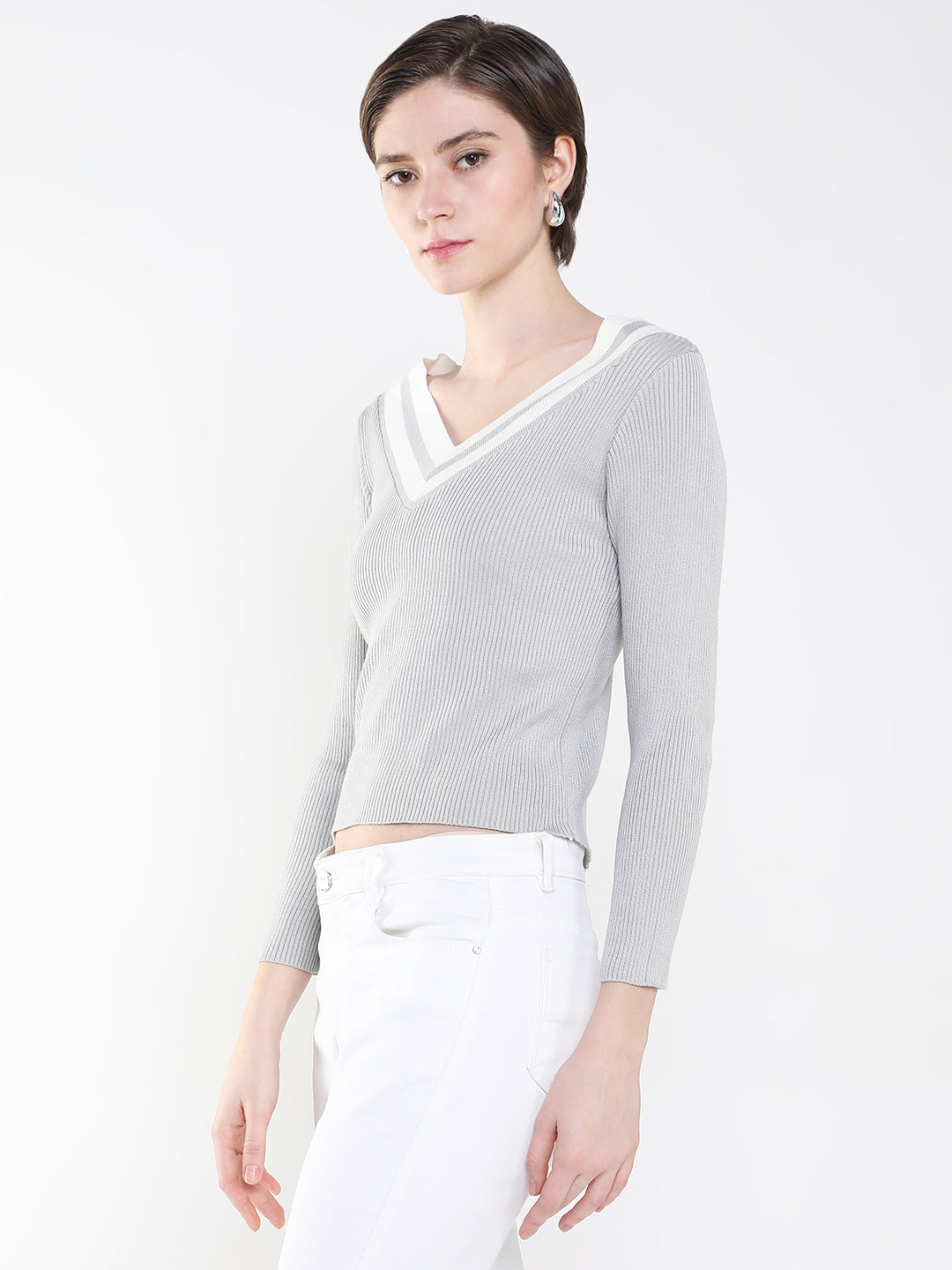 Women Solid Grey Fitted Top