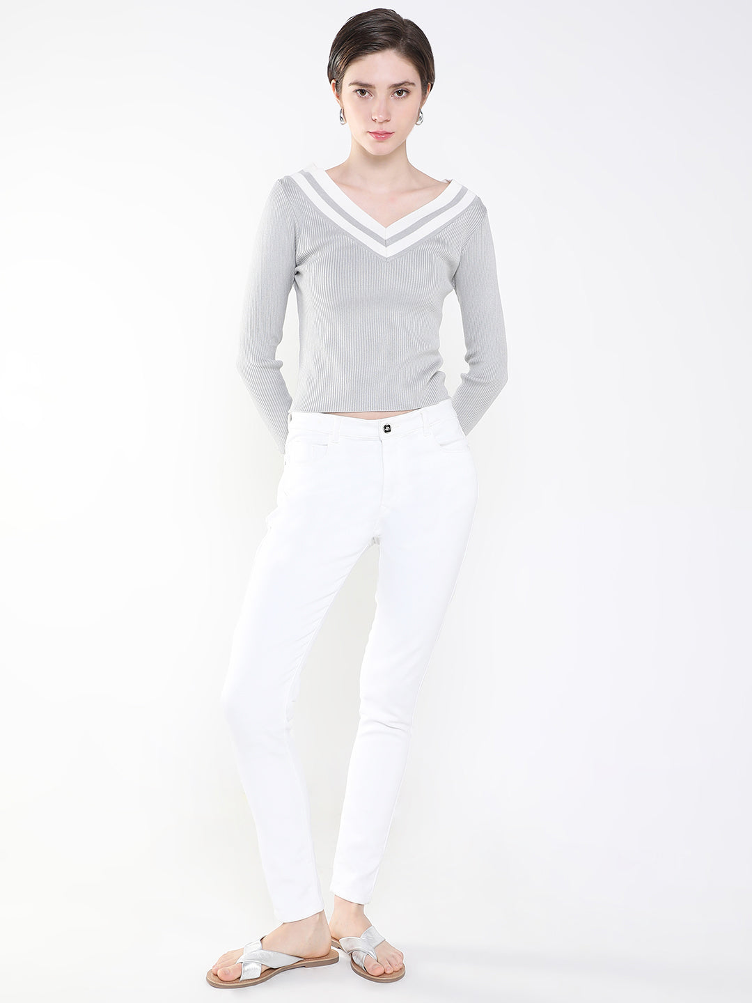 Women Solid Grey Fitted Top