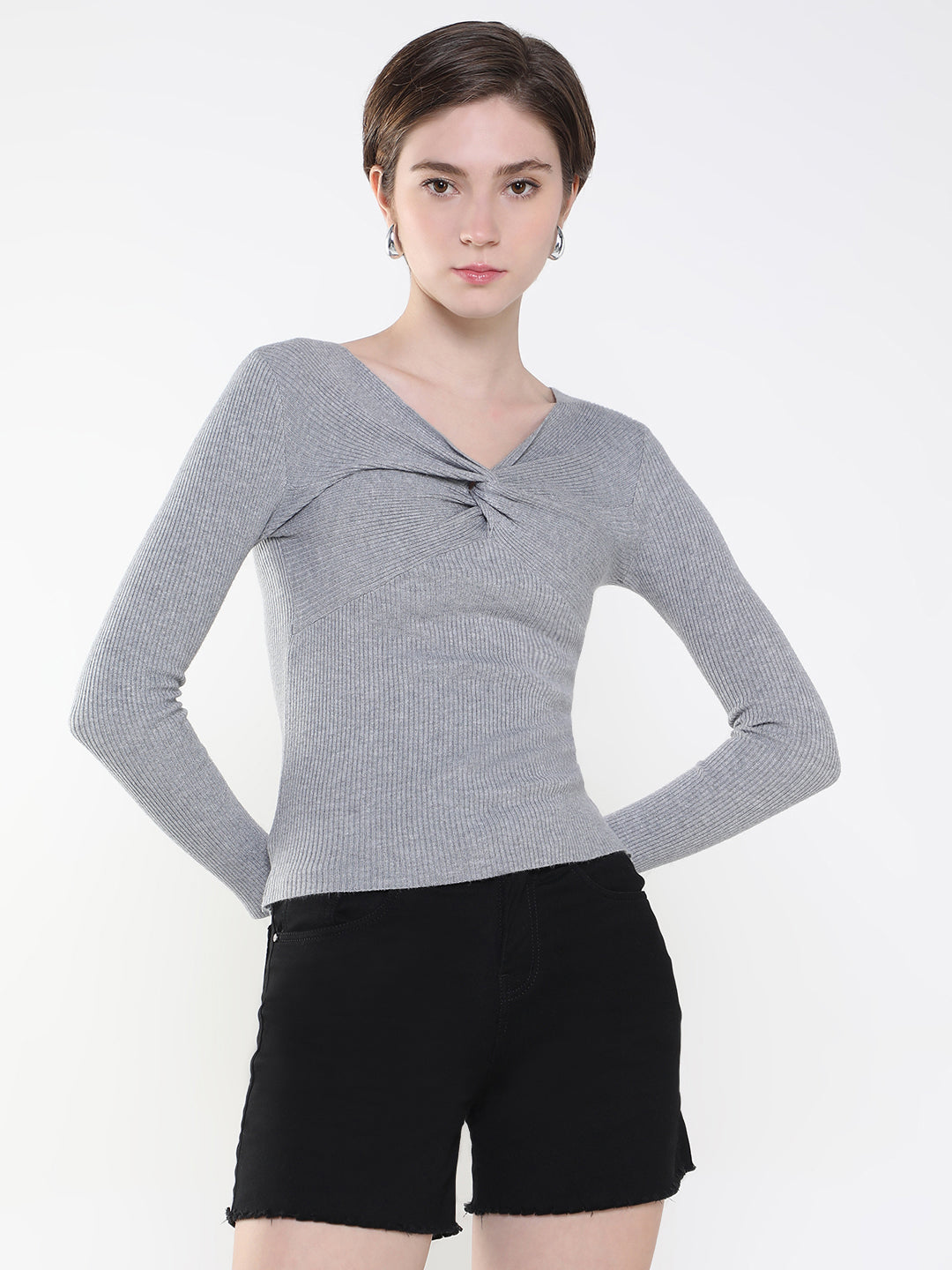 Women Solid Grey Fitted Top