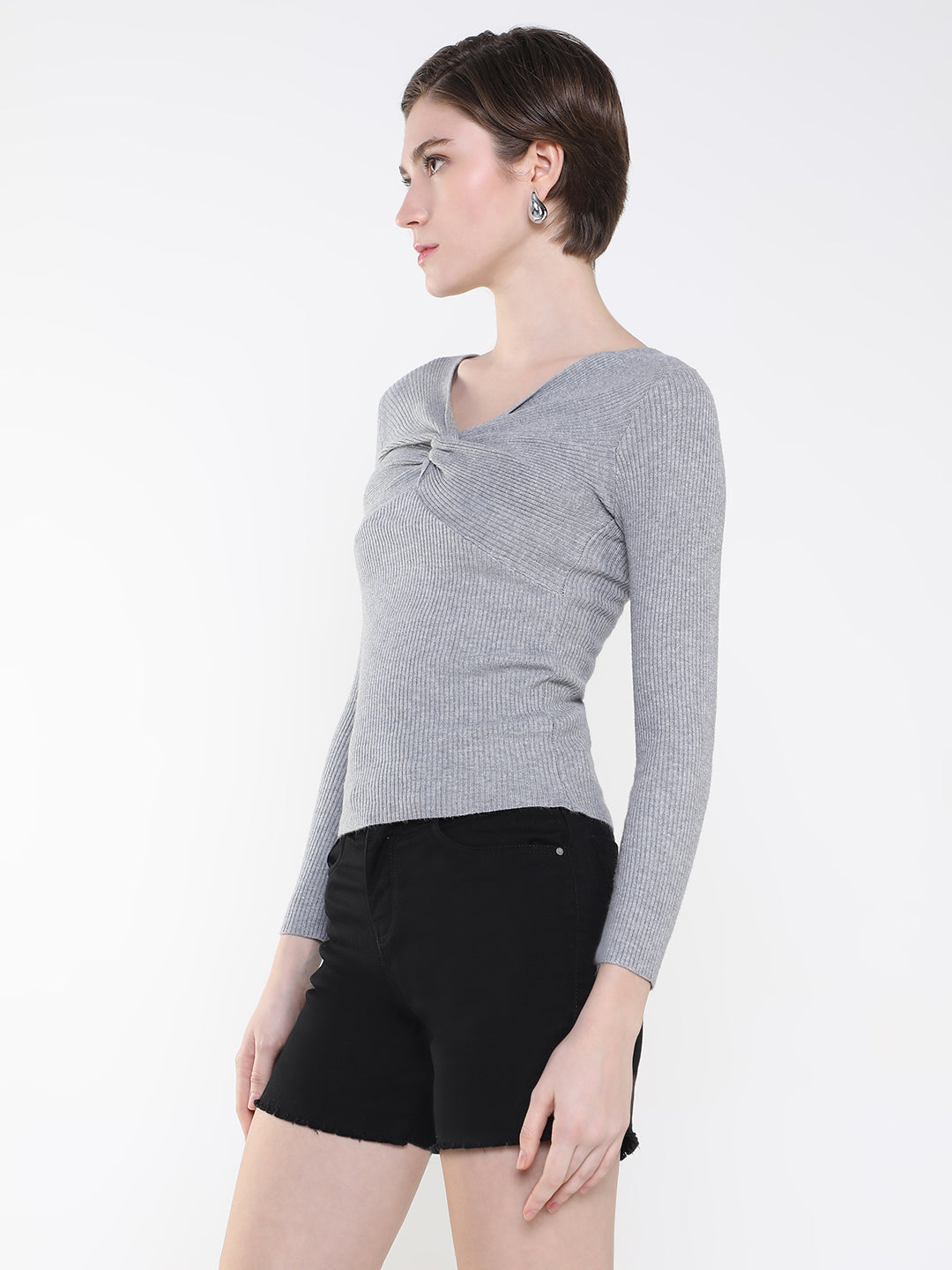 Women Solid Grey Fitted Top