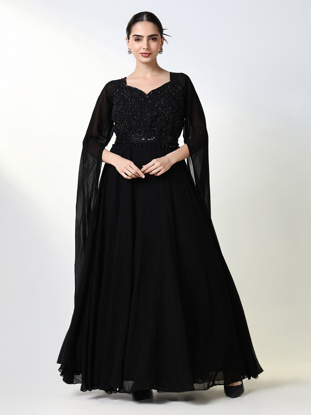 Women Black Solid Ethnic Gown Dress with Belt