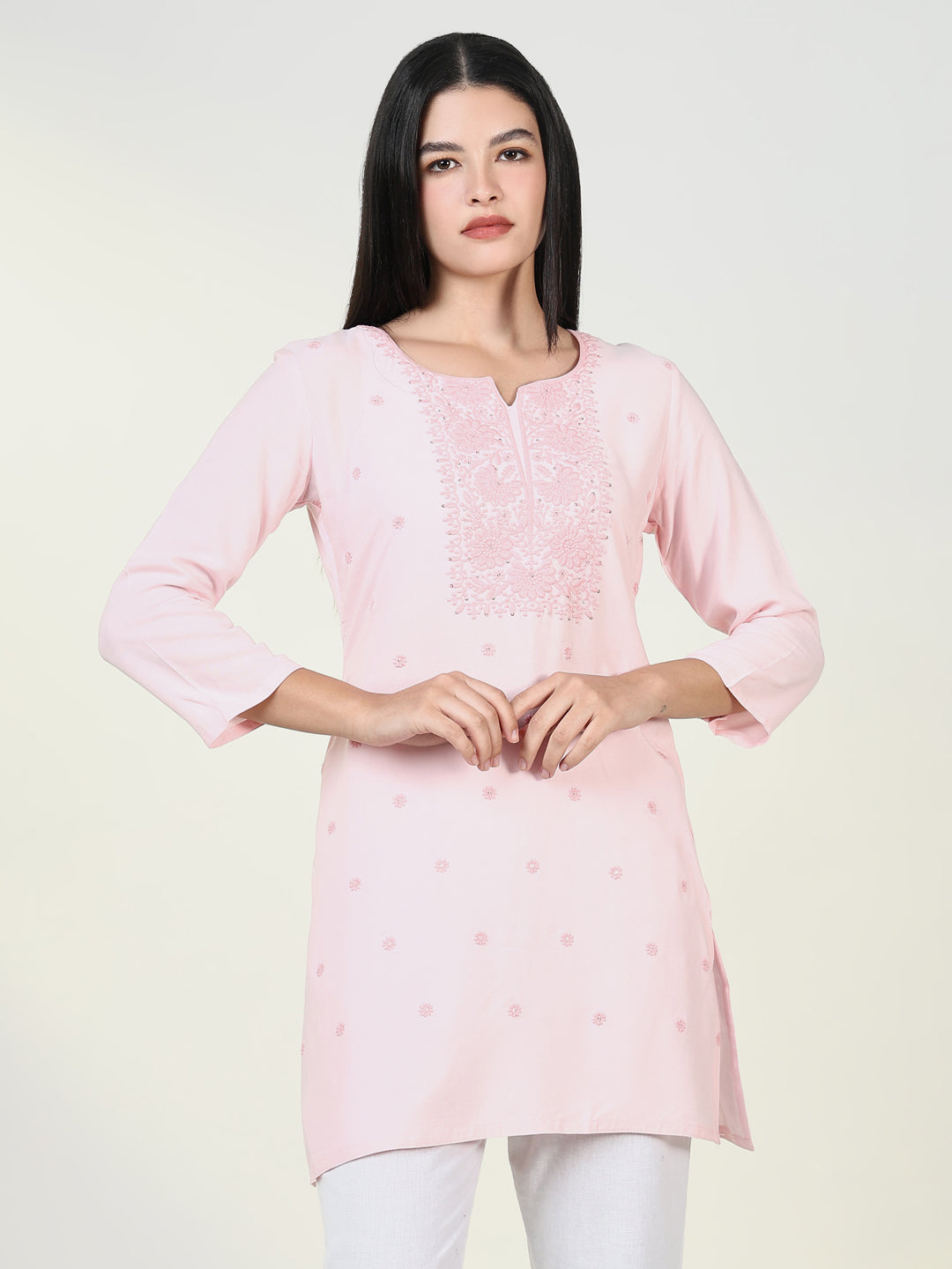 Women Pink Solid Straight Kurti