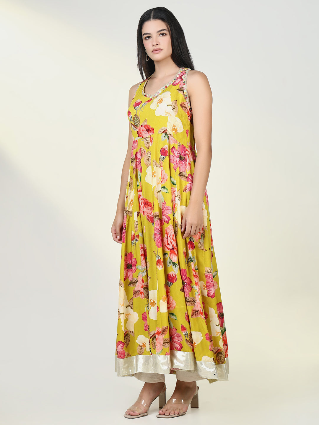 Women Floral Mustard Anarkali Kurta with Dupatta