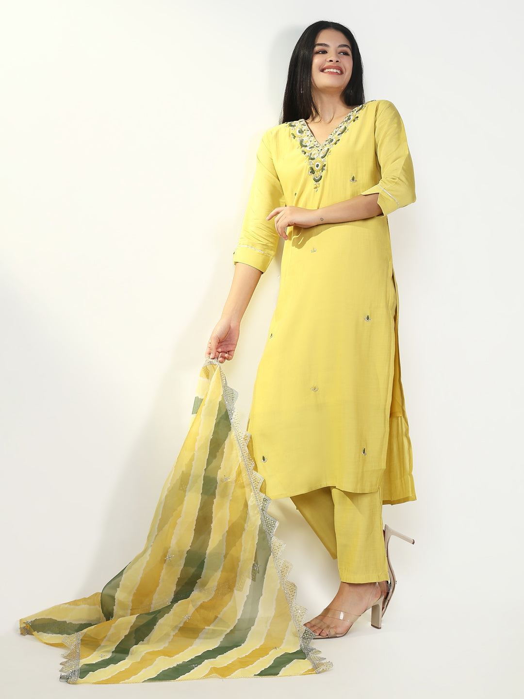 Women Solid Yellow Kurta Set with Dupatta