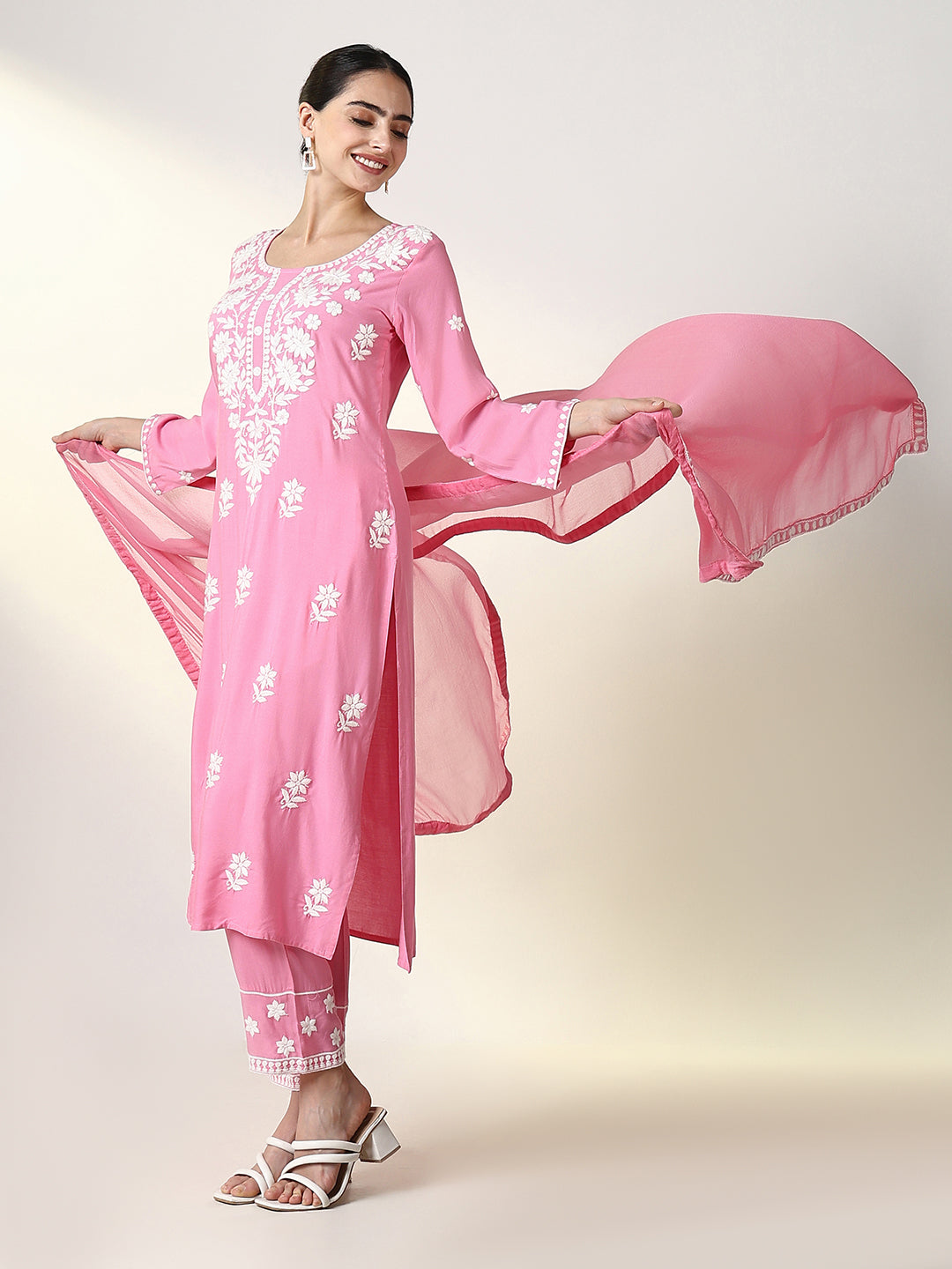 Women Floral Pink Straight Kurta Set with Dupatta