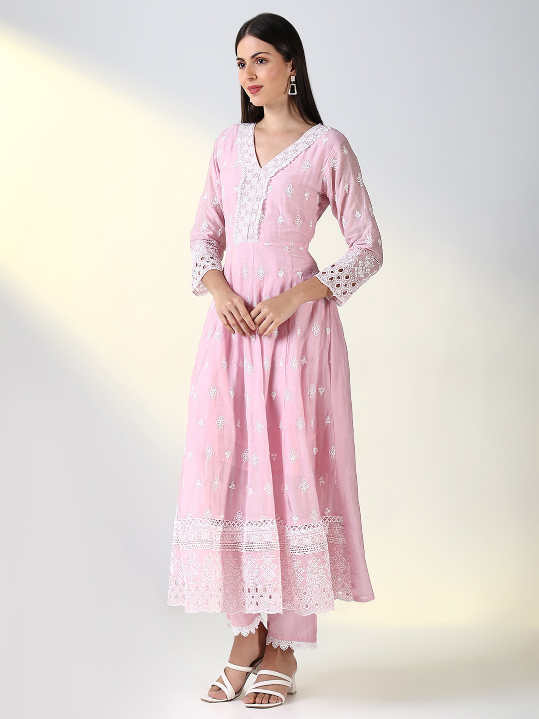 Women Pink Floral Anarkali Kurta Set with Dupatta