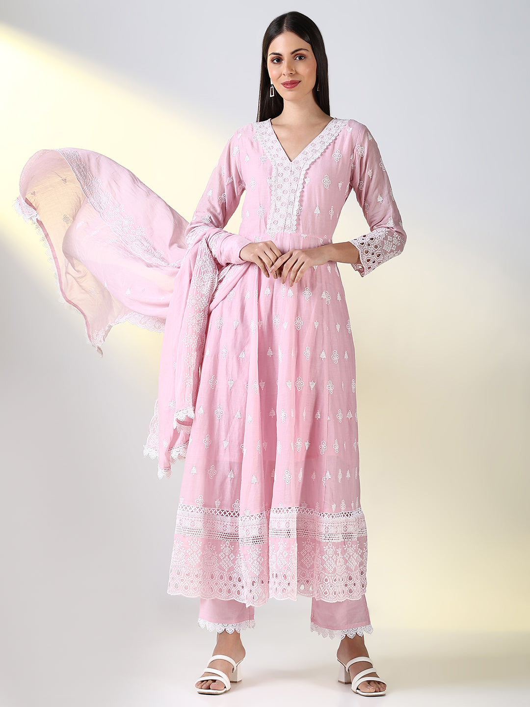 Women Pink Floral Anarkali Kurta Set with Dupatta