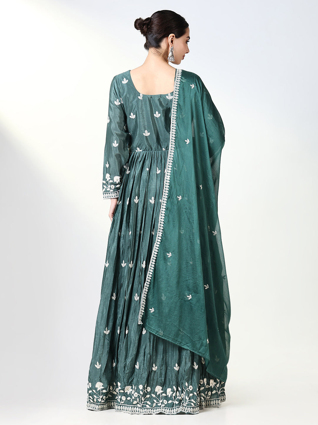 Women Green Floral Anarkali Kurta with Dupatta