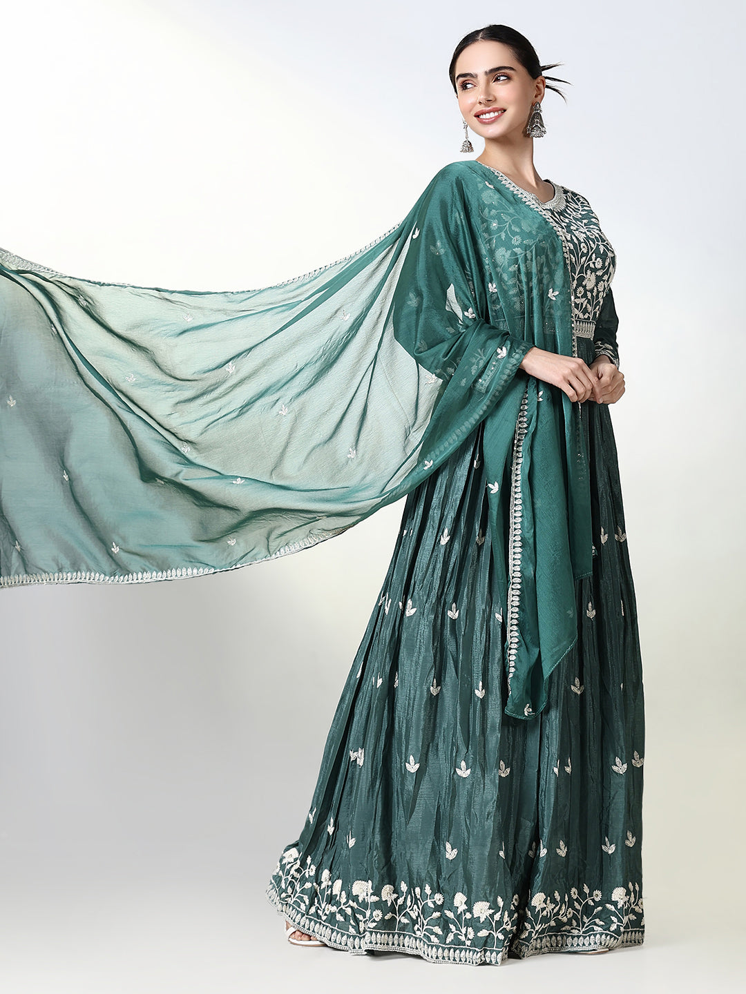 Women Green Floral Anarkali Kurta with Dupatta