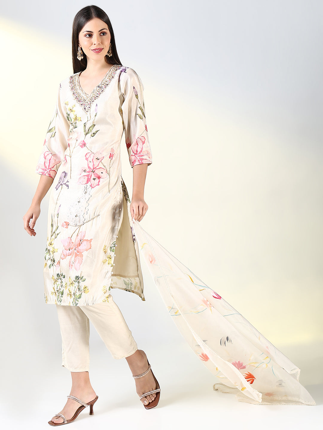 Women Cream Floral Straight Kurta Set with Dupatta