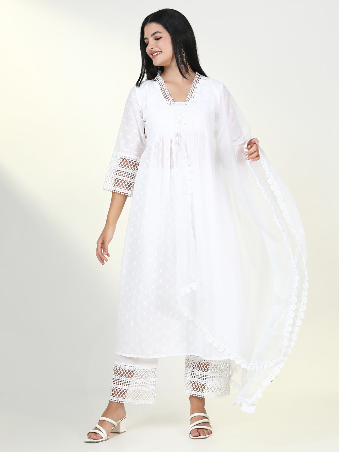 Women Solid White Anarkali Kurta Set with Dupatta