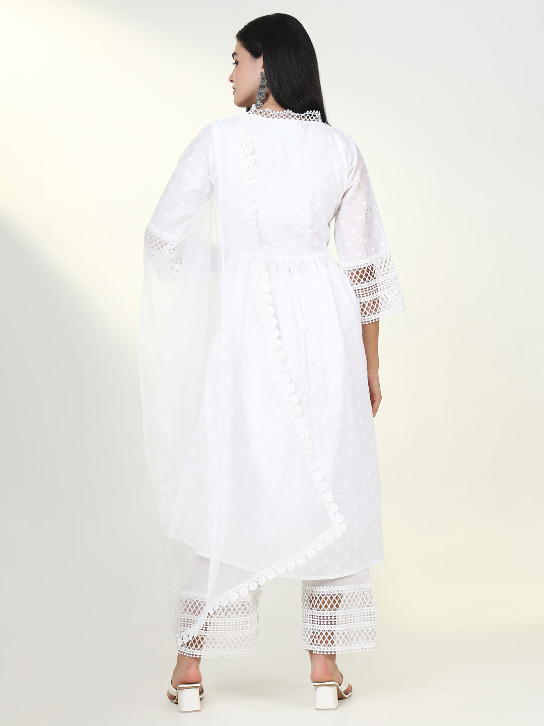 Women Solid White Anarkali Kurta Set with Dupatta