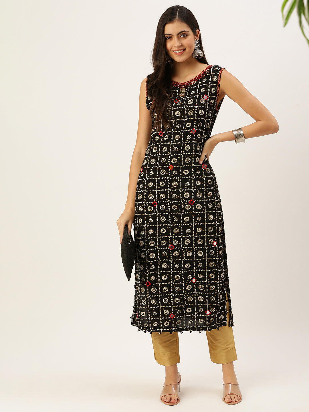 Women Printed Black Straight Kurta