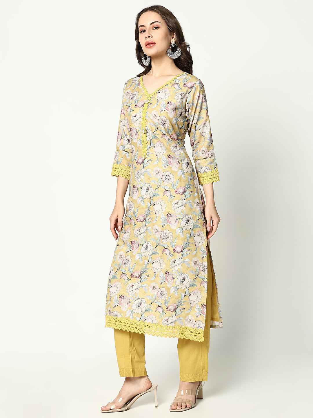 Women Floral Yellow Kurta Set with Dupatta