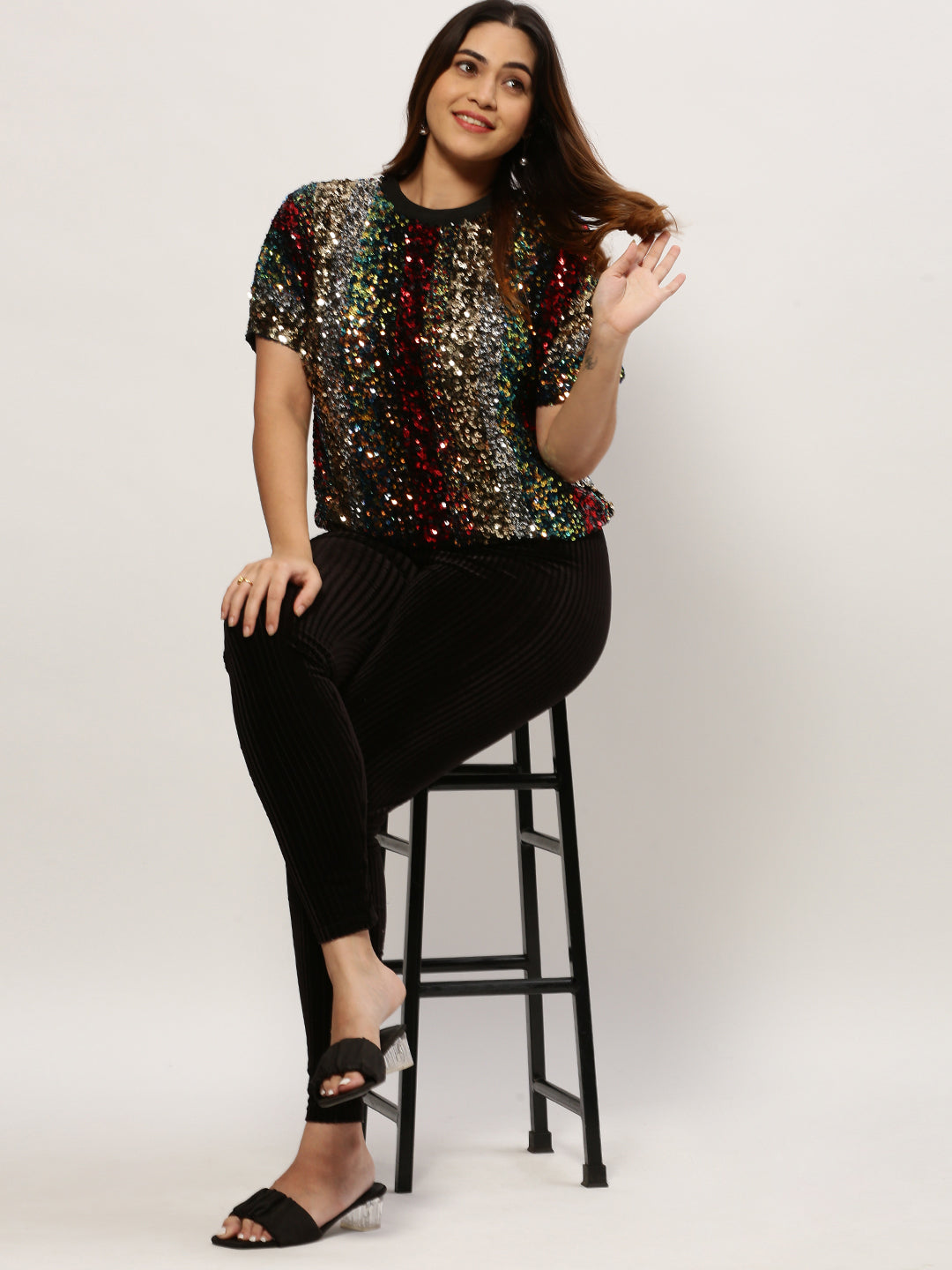 Women Sequinned Stripes Multi Top