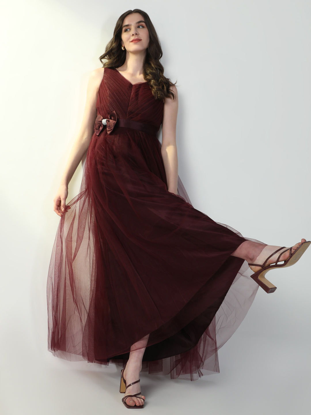 Women Solid Burgundy Gown Dress