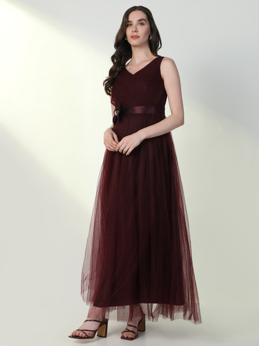 Women Solid Burgundy Gown Dress