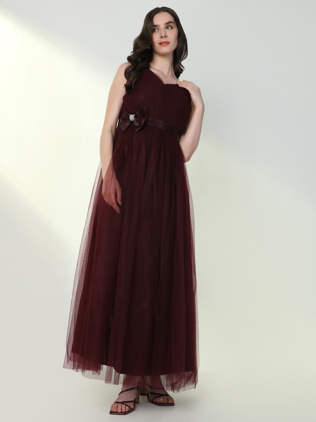 Women Solid Burgundy Gown Dress