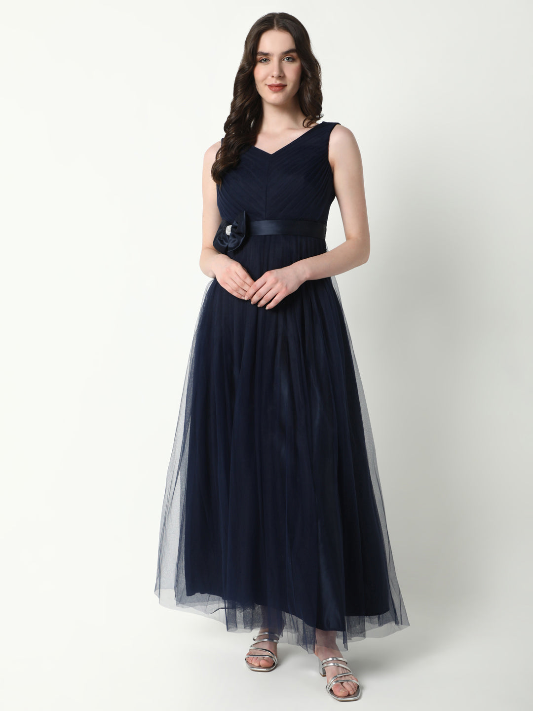 Women Solid Navy Blue Gown Dress