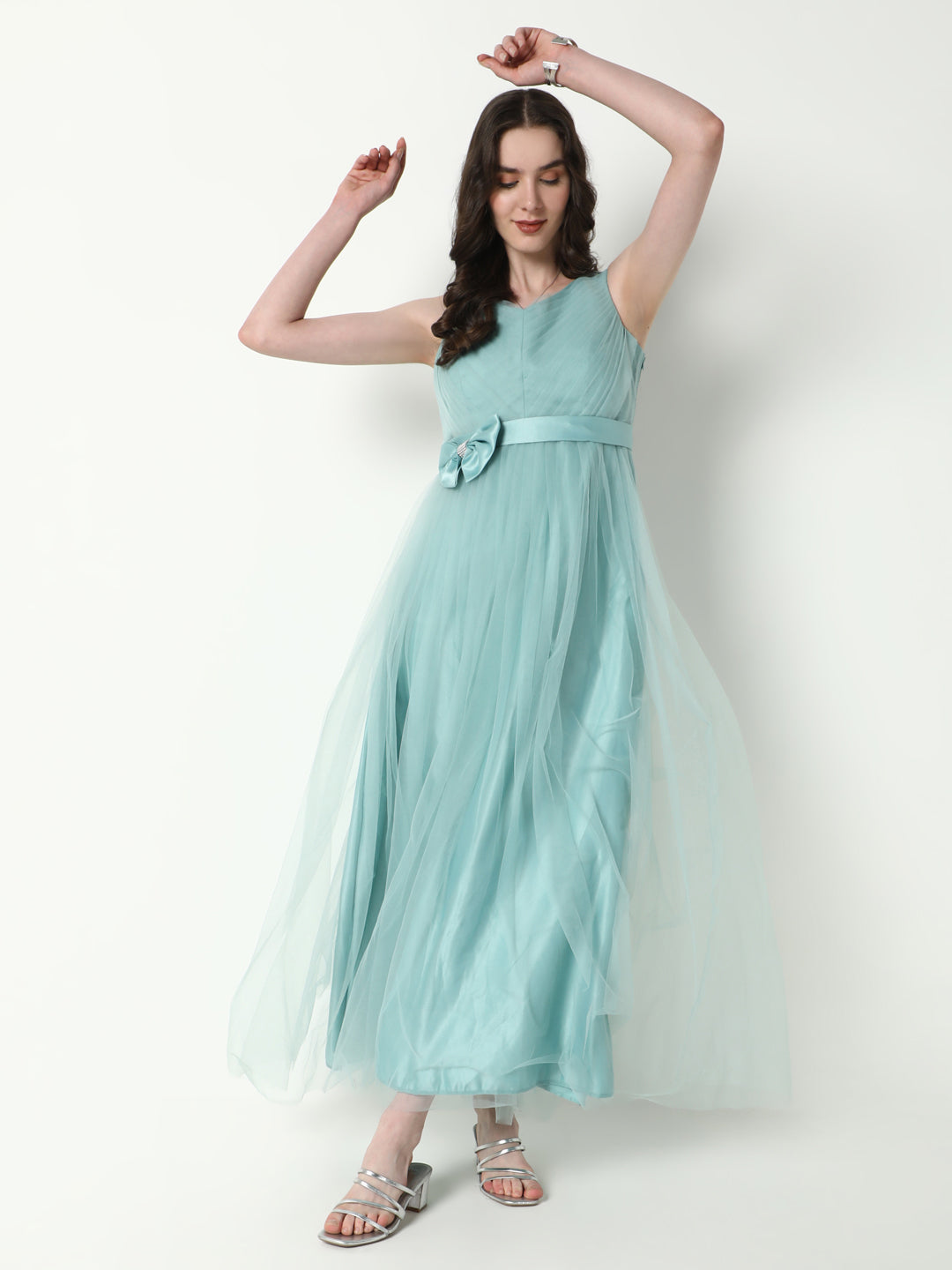 Women Solid Sea Green Gown Dress