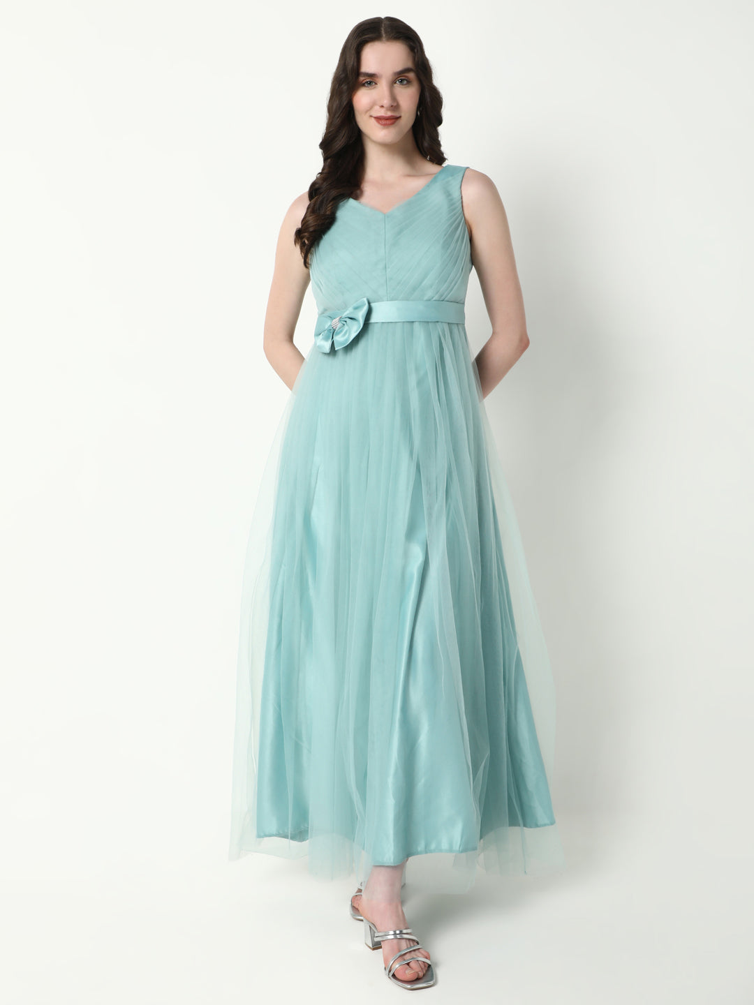 Women Solid Sea Green Gown Dress