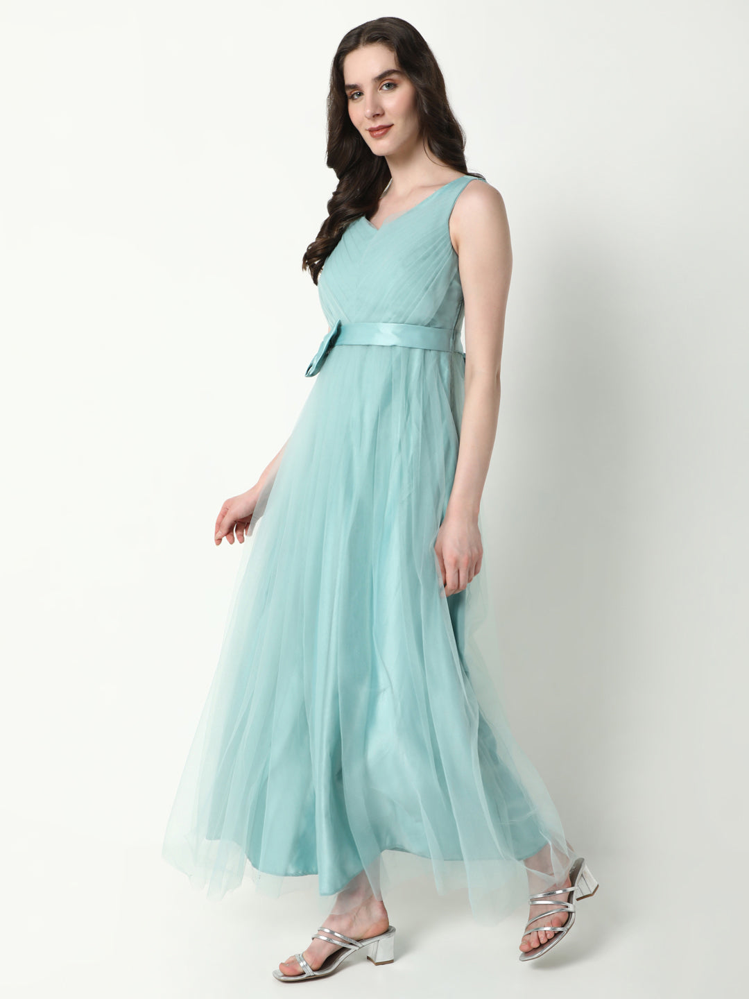 Women Solid Sea Green Gown Dress