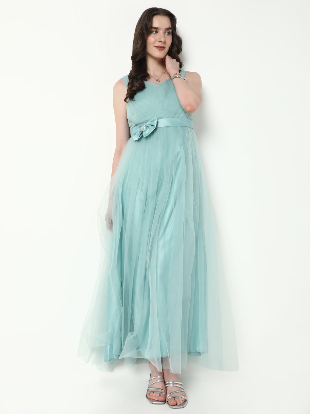 Women Solid Sea Green Gown Dress