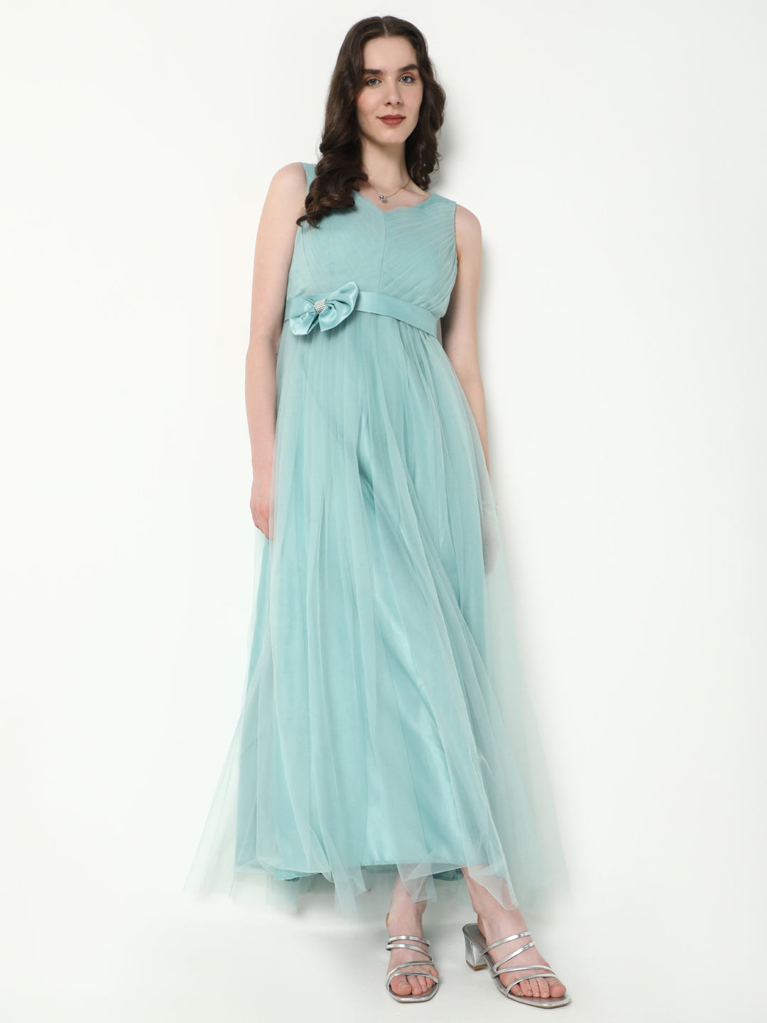 Women Solid Sea Green Gown Dress