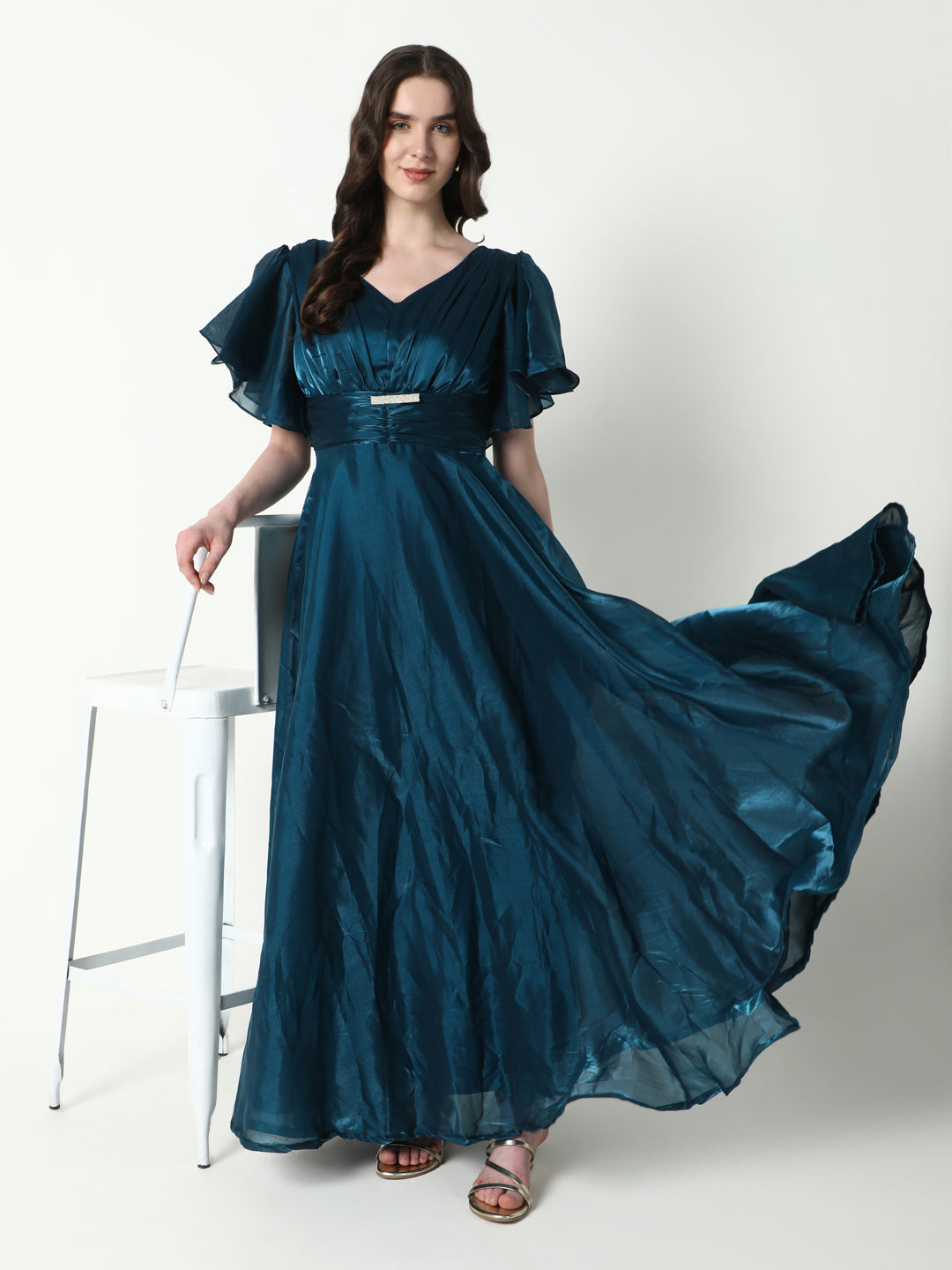 Women Solid Teal Gown Dress