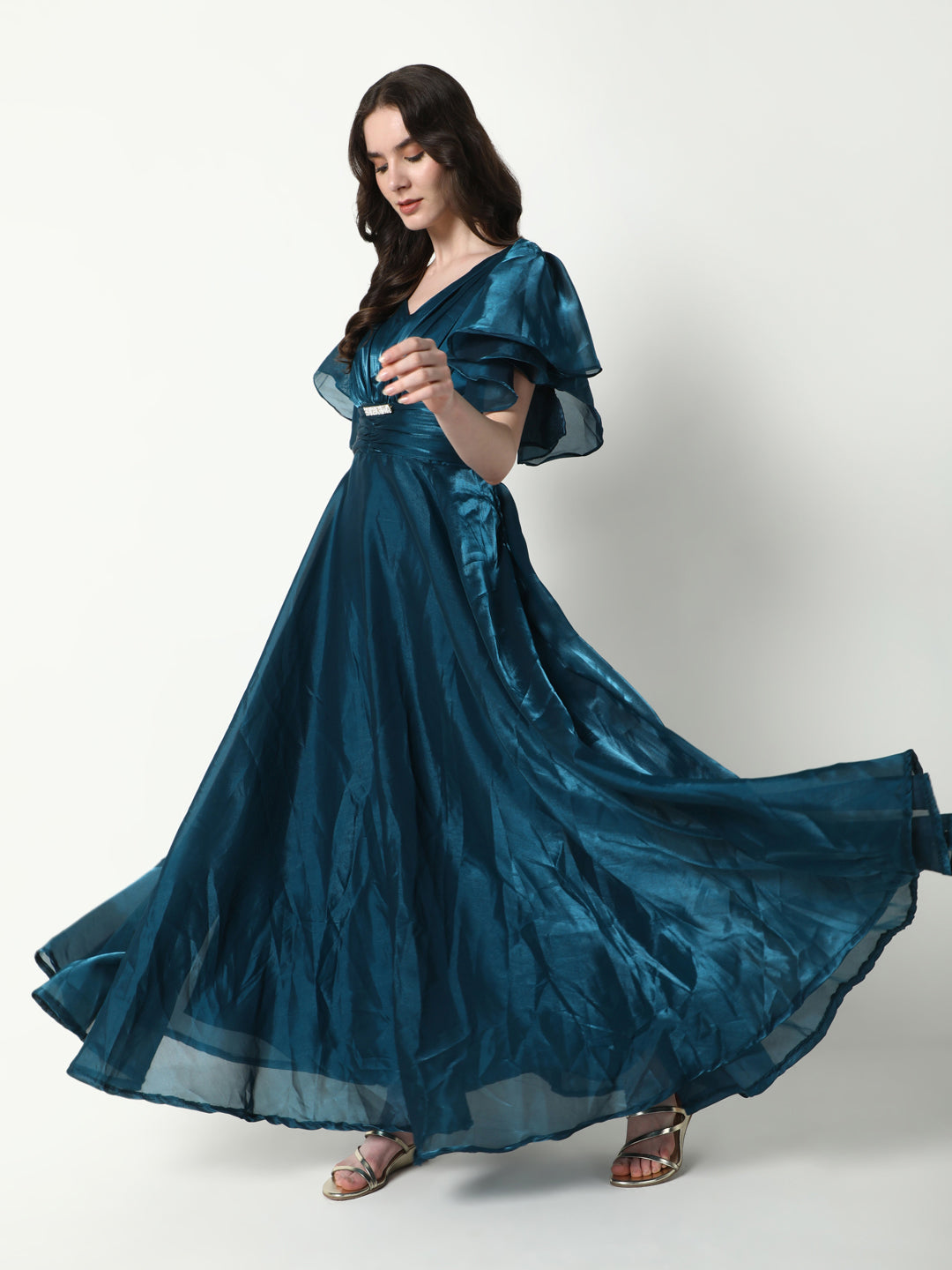 Women Solid Teal Gown Dress