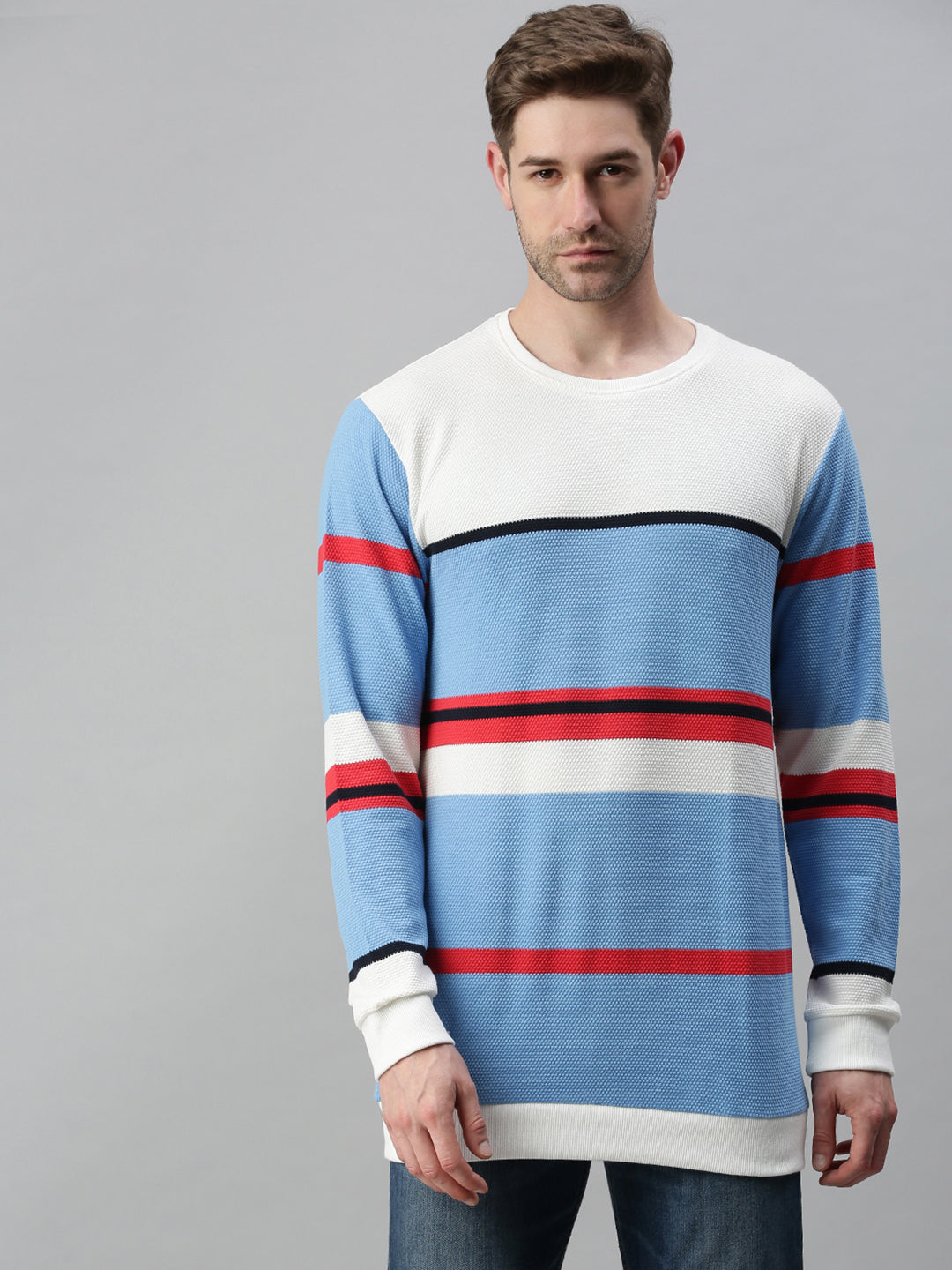 Men Striped Blue Sweatshirt