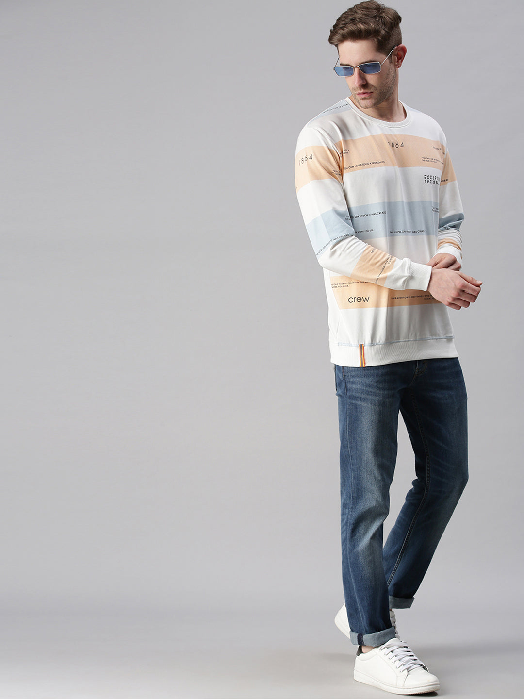 Men Striped White Sweatshirt