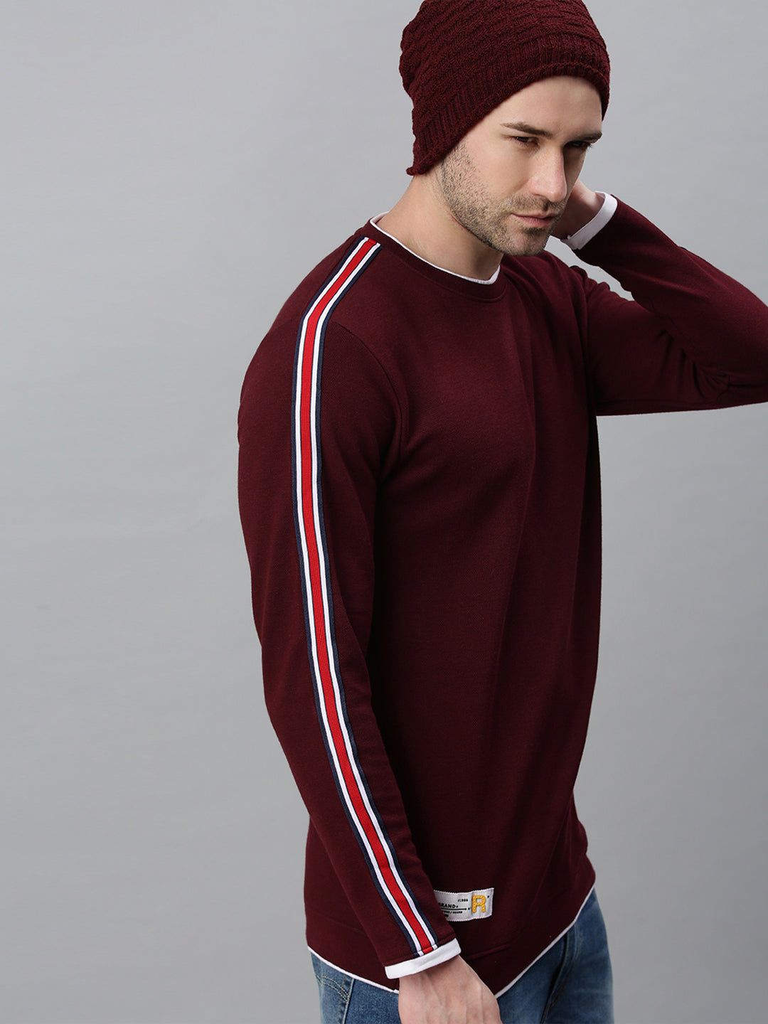 Men Striped Maroon Sweatshirt