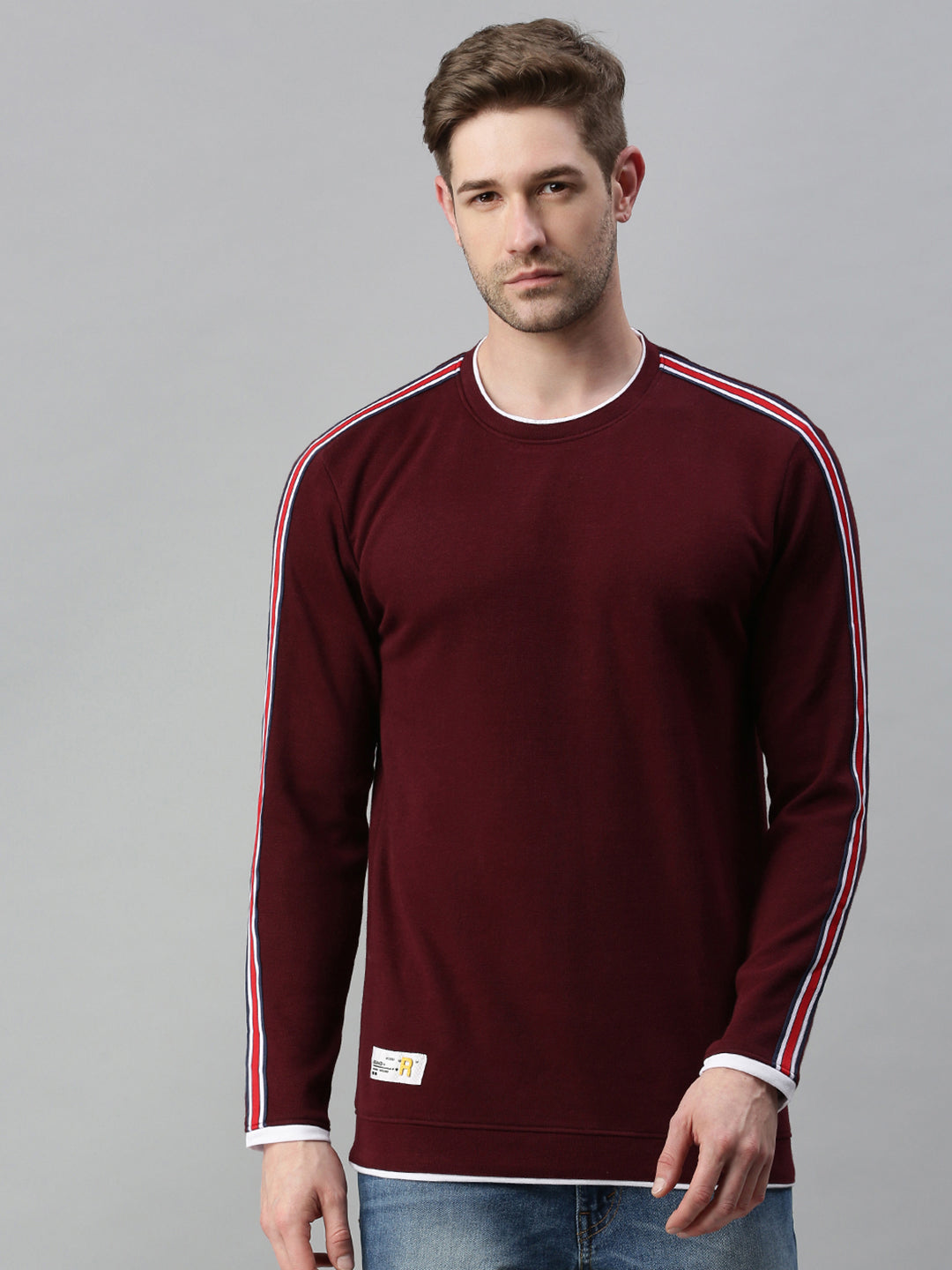 Men Striped Maroon Sweatshirt