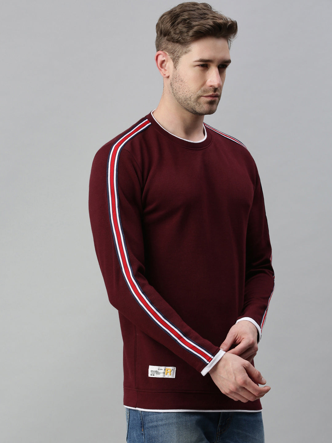 Men Striped Maroon Sweatshirt