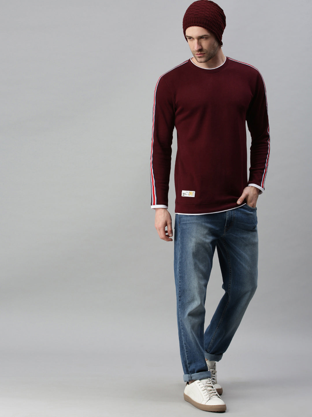 Men Striped Maroon Sweatshirt