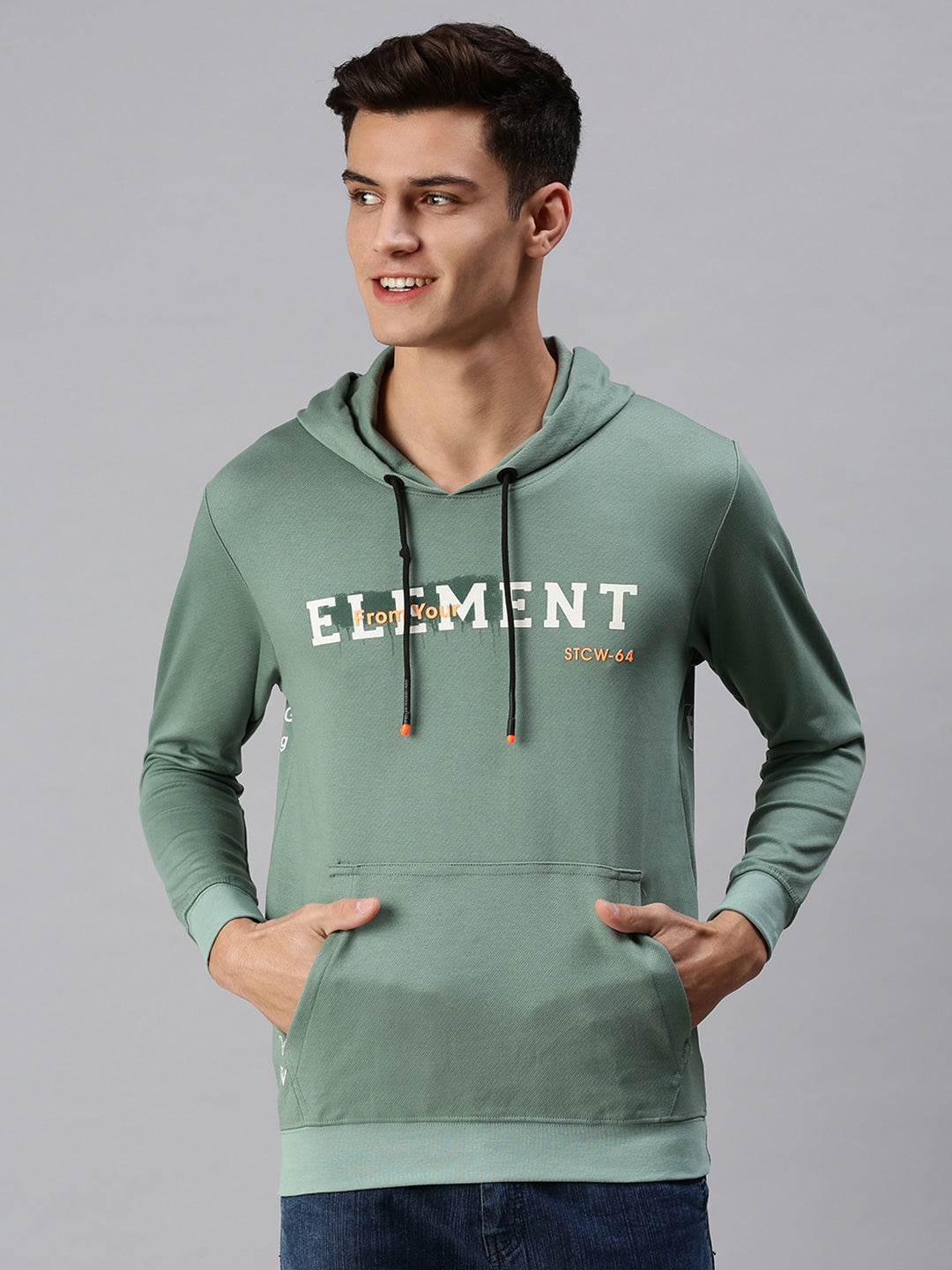 Men Hooded Self Design Green Sweatshirt