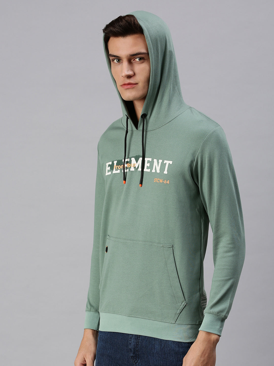Men Hooded Self Design Green Sweatshirt