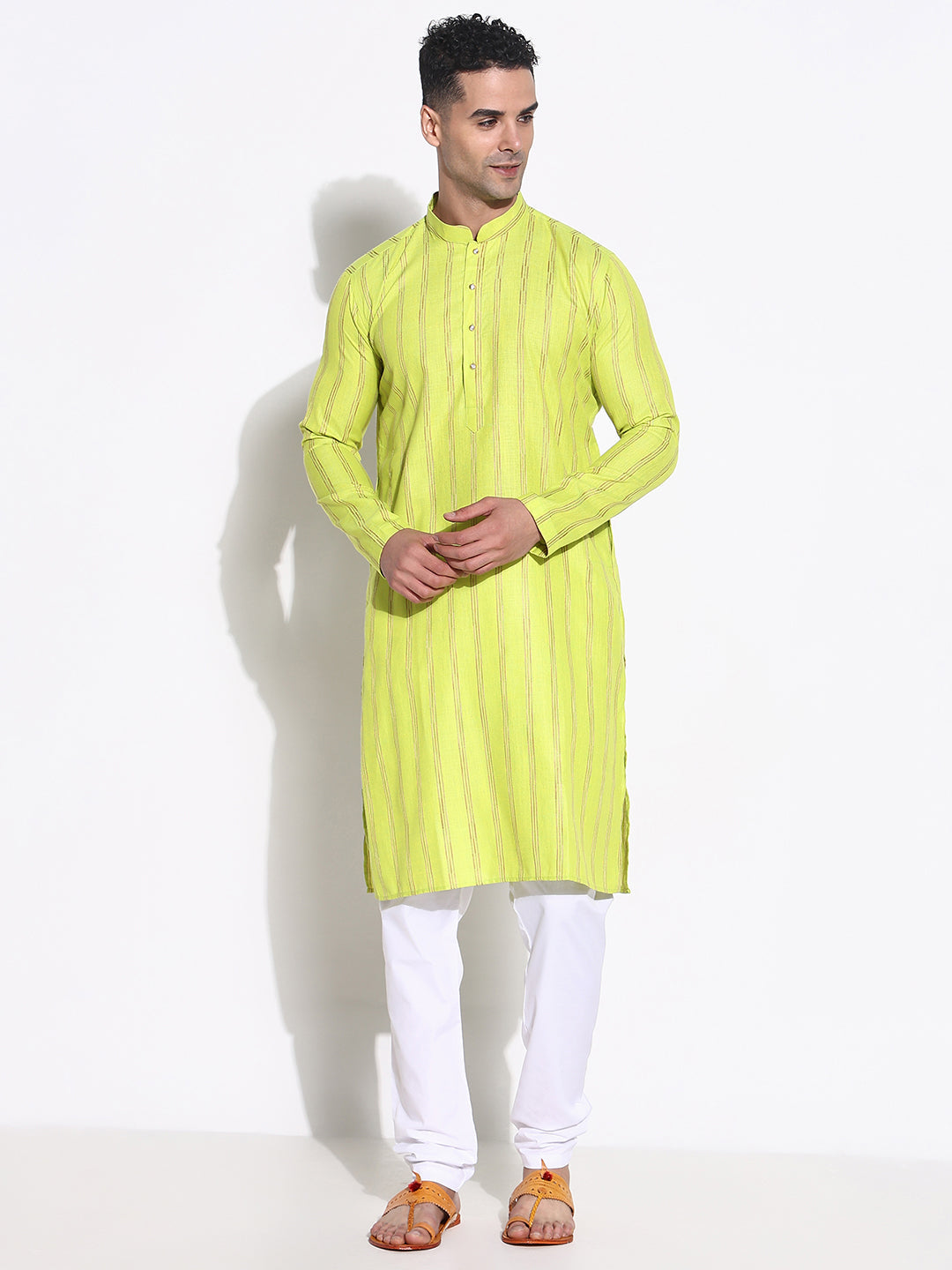 Men Green Striped Kurta Set