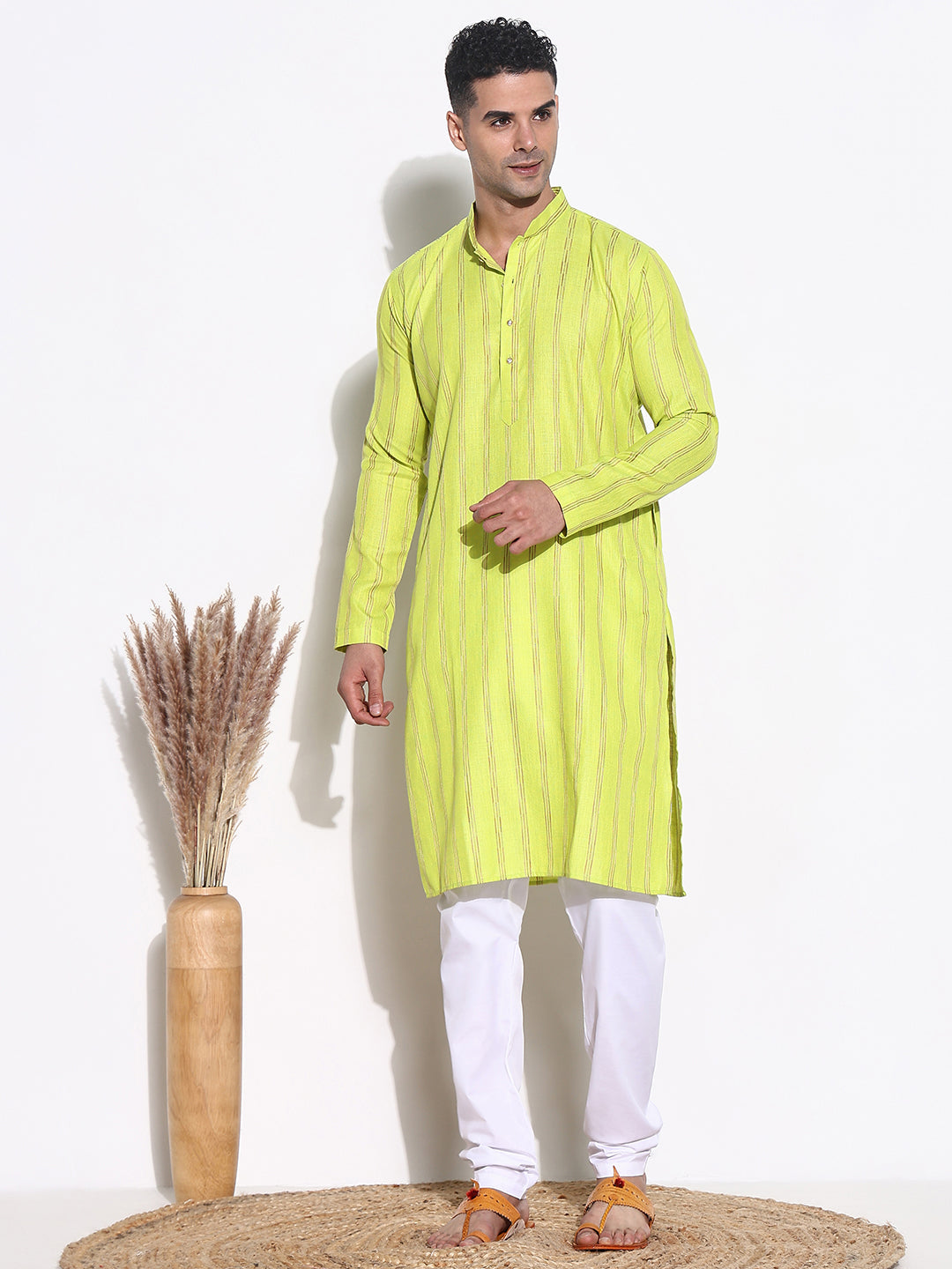 Men Green Striped Kurta Set