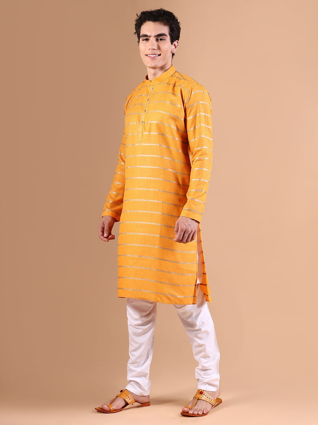 Men Mustard Striped Kurta Set