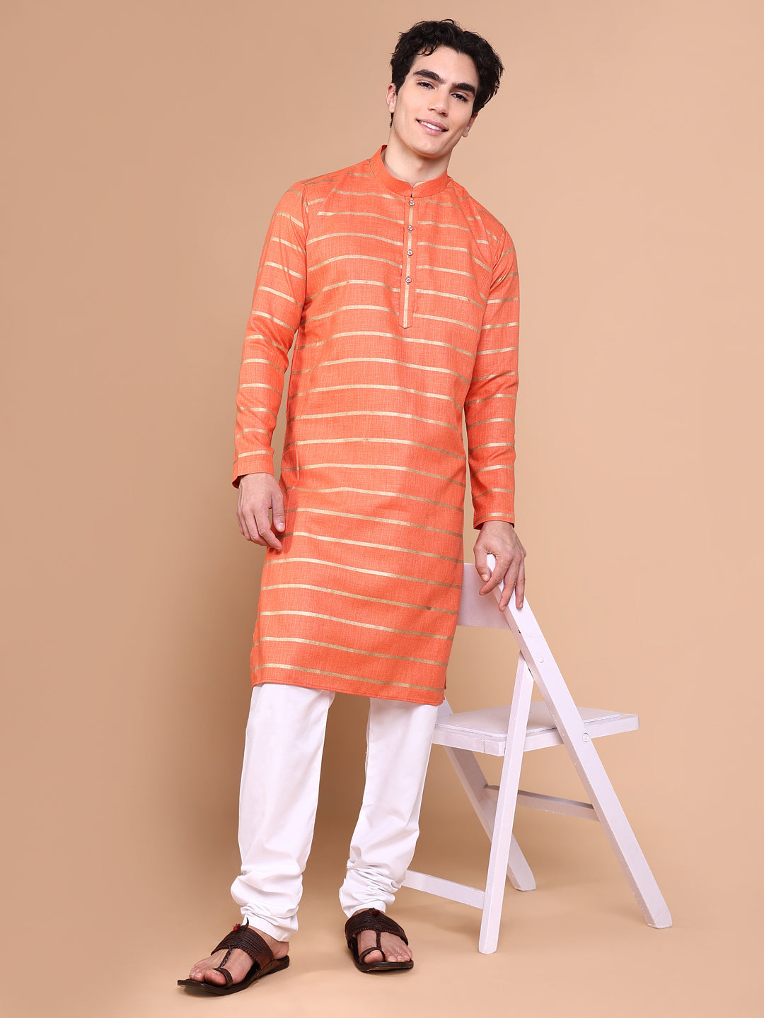 Men Orange Striped Kurta Set