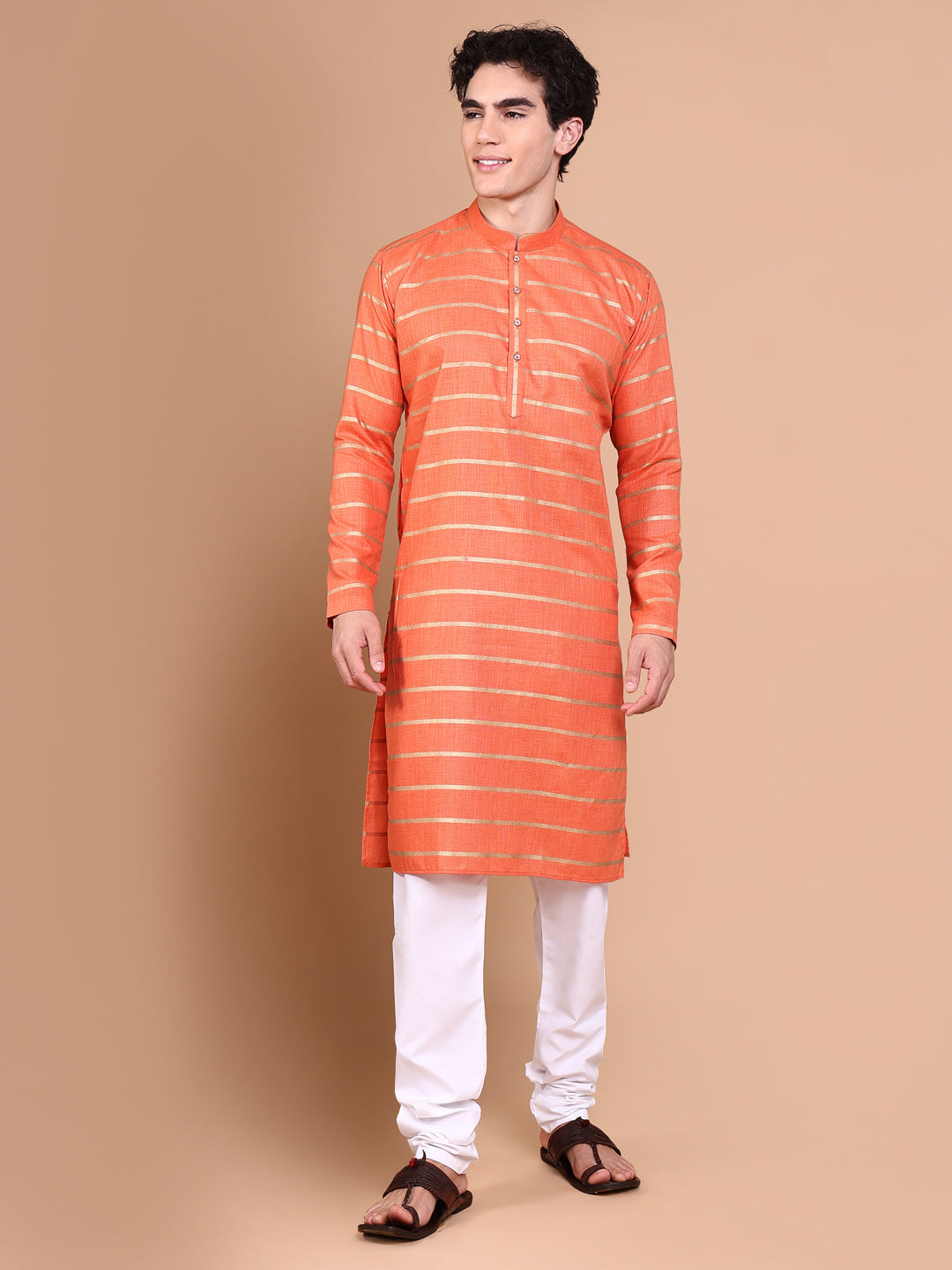 Men Orange Striped Kurta Set