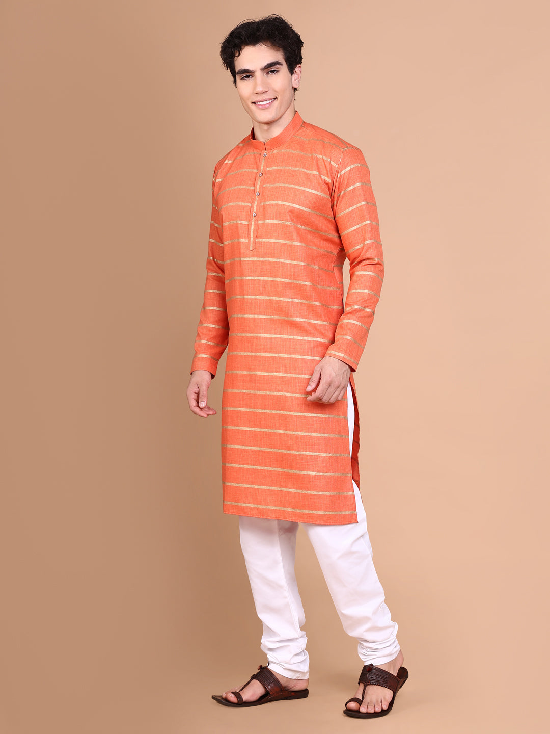 Men Orange Striped Kurta Set