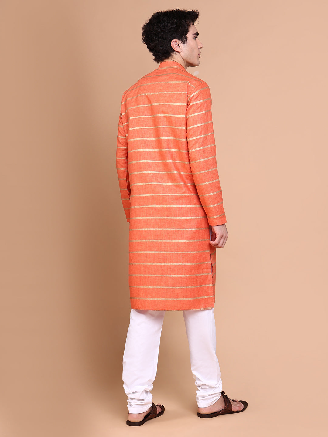 Men Orange Striped Kurta Set