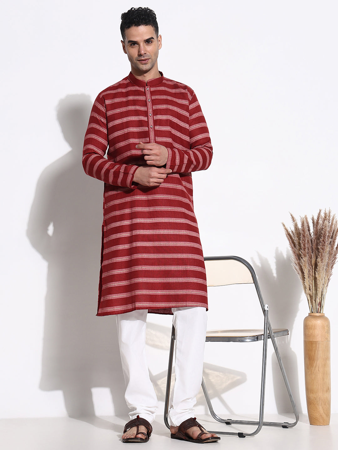 Men Maroon Striped Kurta Set