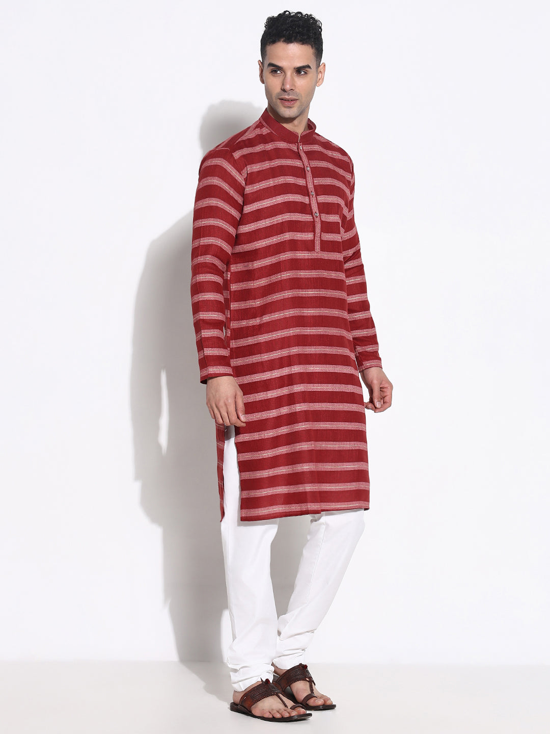 Men Maroon Striped Kurta Set