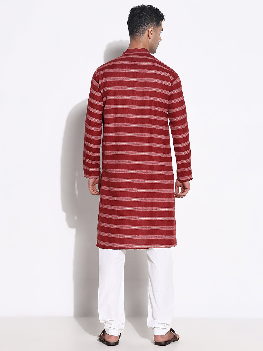 Men Maroon Striped Kurta Set