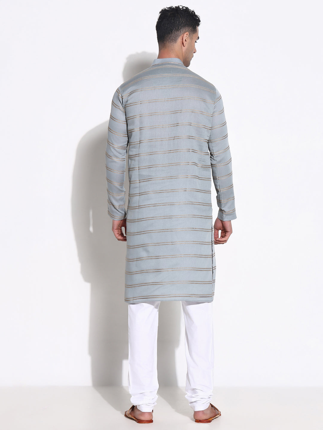 Men Grey Striped Kurta Set